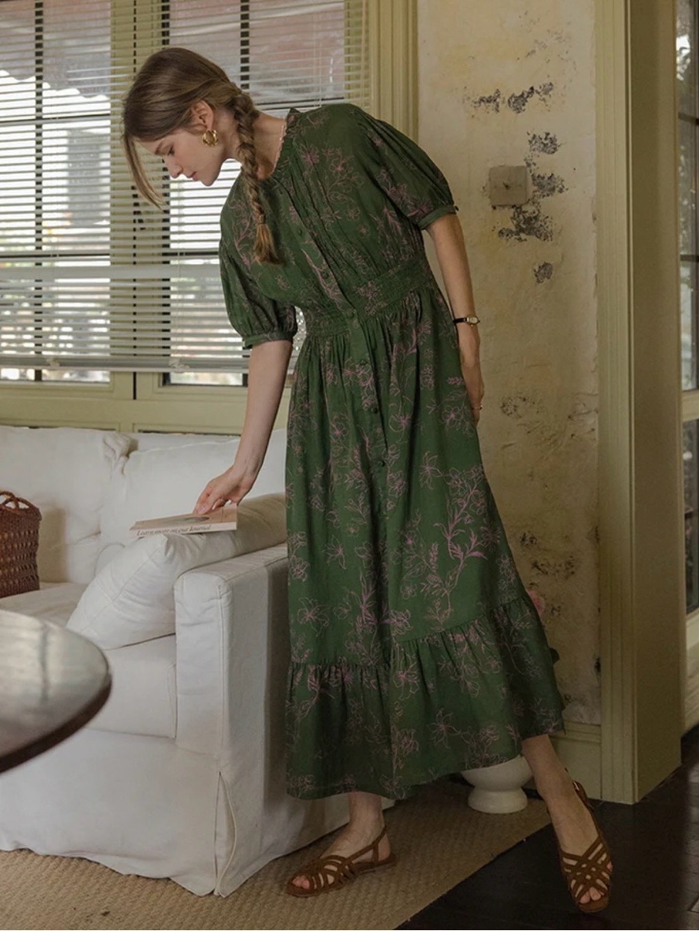 Green Floral Button-Front CottageCore Midi Dress with Smocked Waist. New W Tags - Picture 8 of 16